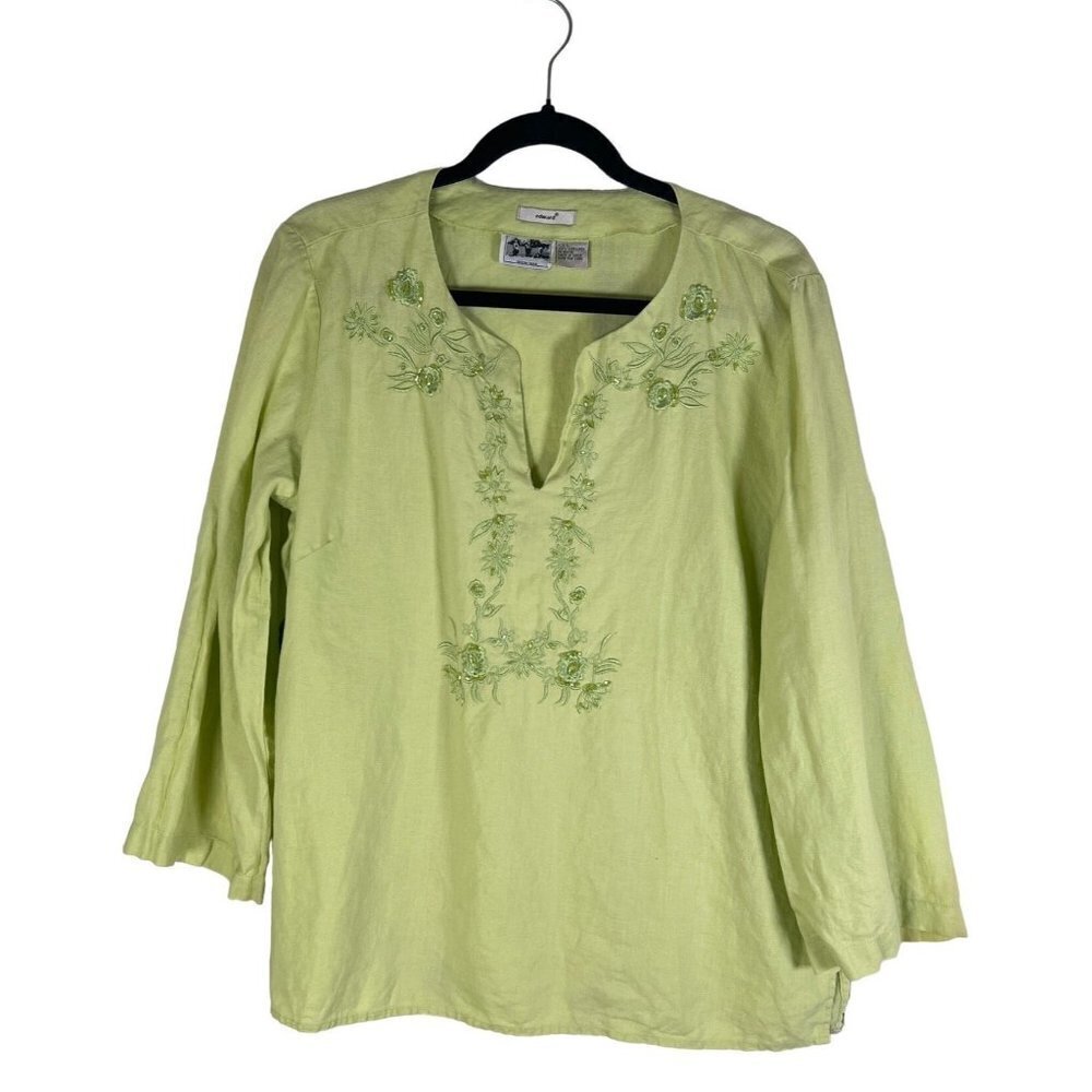 Edward Women Size L Tunic Irish Linen Embroidery Bugle Bead Neckline Sea Green